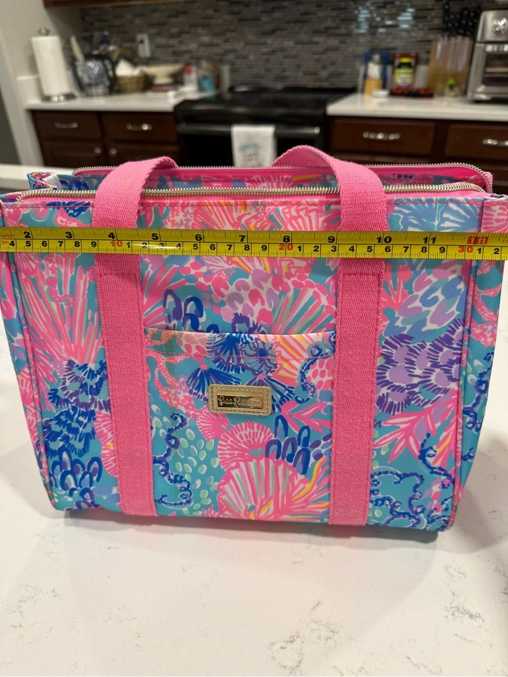 Lilly Pulitzer Pink & Aqua Floral Lunch Tote with Gold Logo